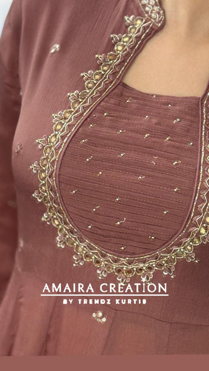 Premium Chinnon Rose Brown Anarkali Set