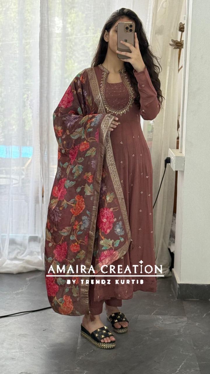 Premium Chinnon Rose Brown Anarkali Set