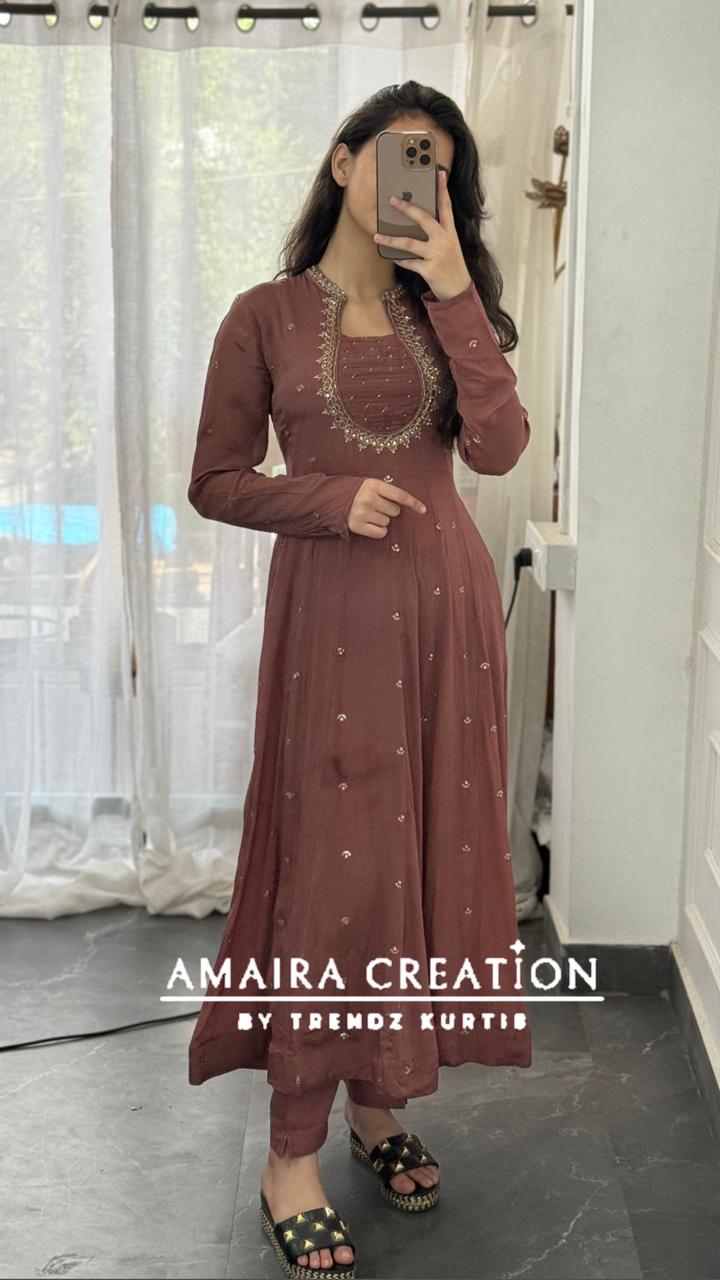 Premium Chinnon Rose Brown Anarkali Set