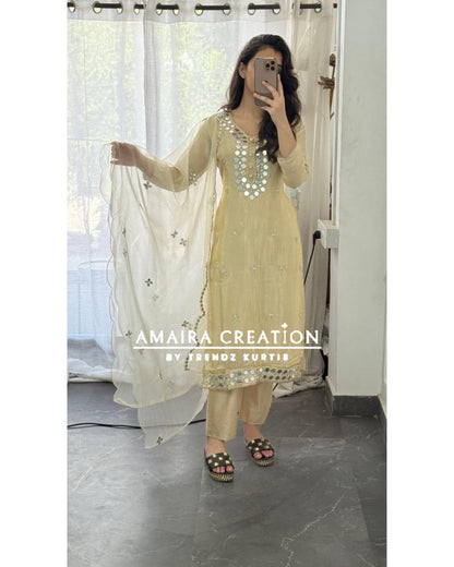 Premium Glass Tissue Original Mirror Work Cream Pant Set With Organza Dupatta