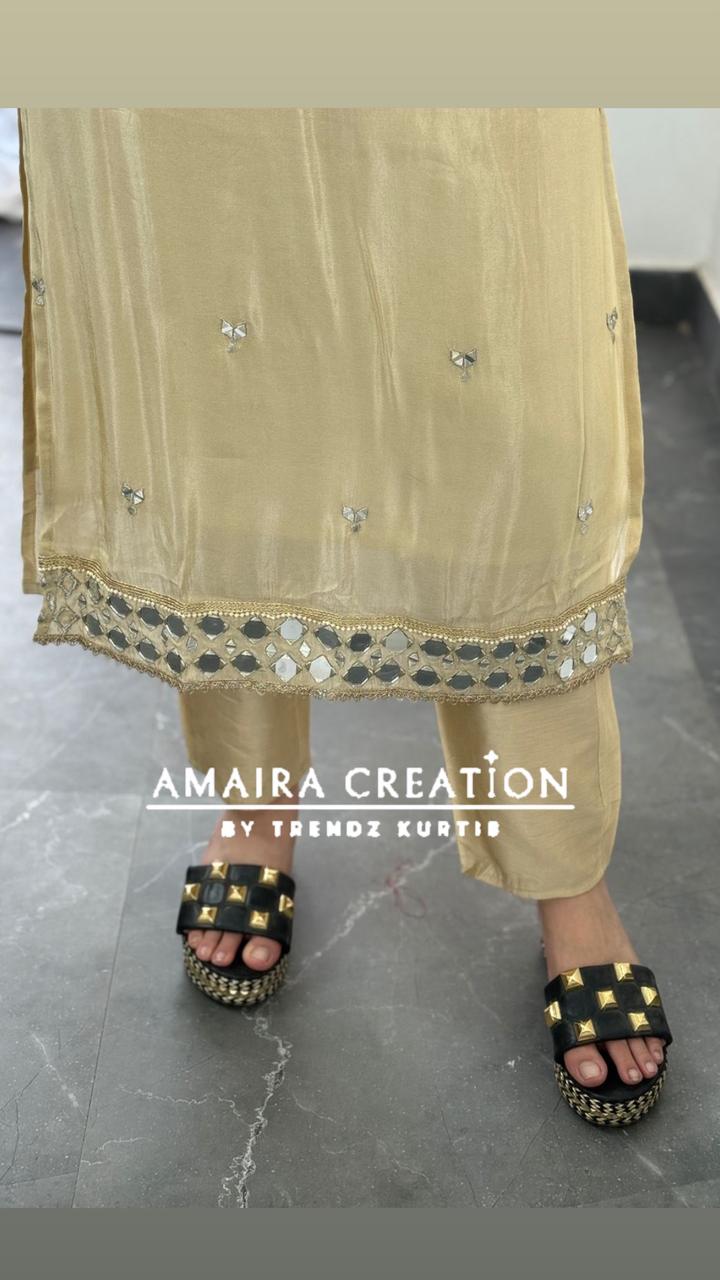 Premium Glass Tissue Original Mirror Work Cream Pant Set With Organza Dupatta