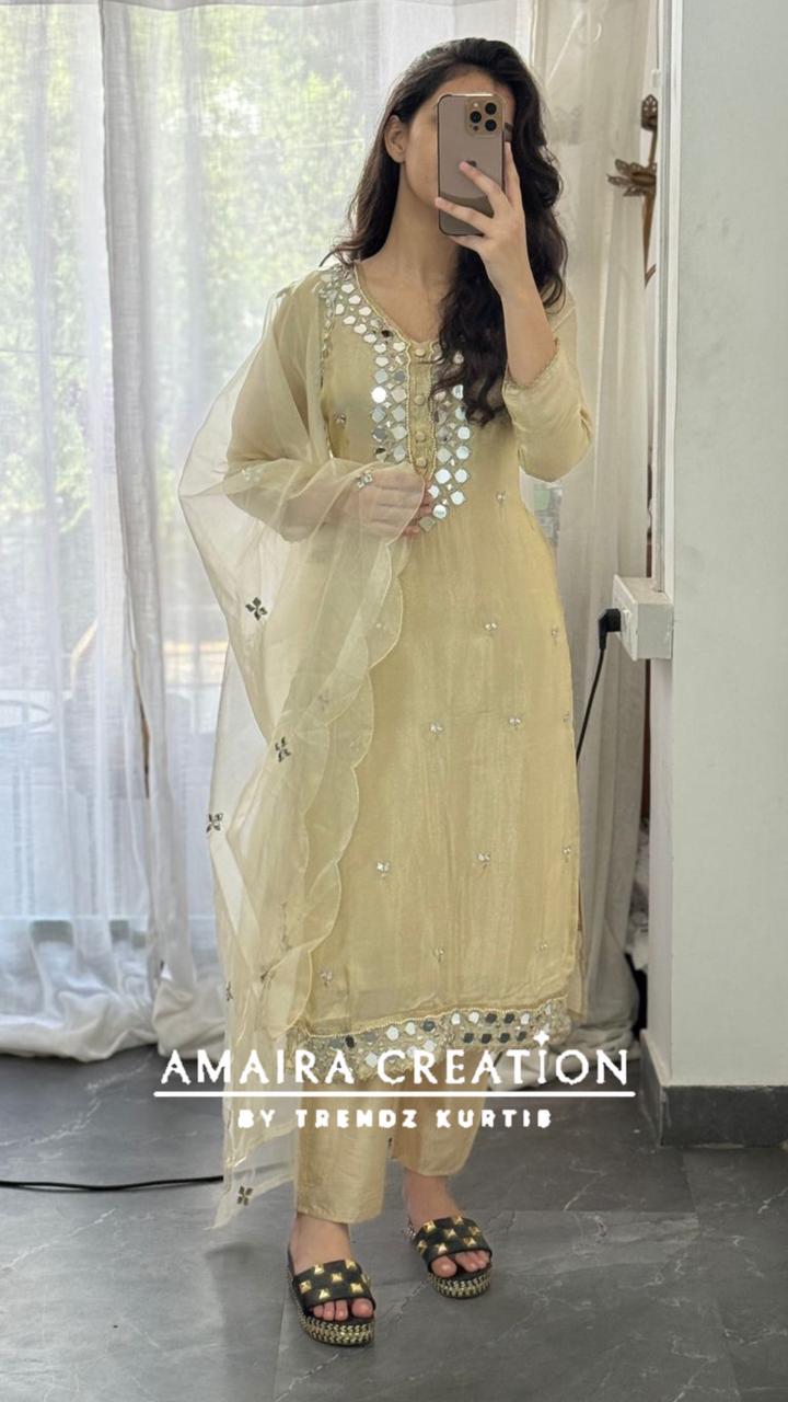Premium Glass Tissue Original Mirror Work Cream Pant Set With Organza Dupatta