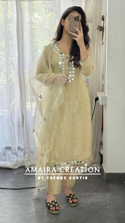 Premium Glass Tissue Original Mirror Work Cream Pant Set With Organza Dupatta