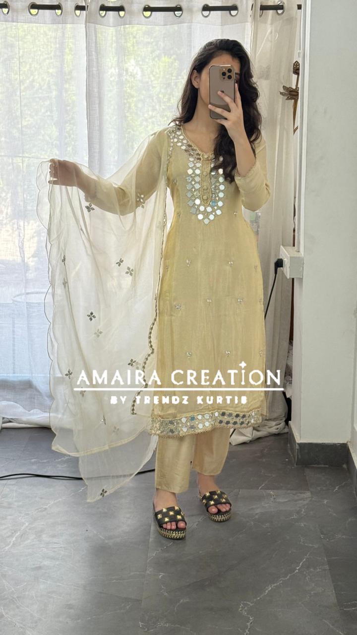 Premium Glass Tissue Original Mirror Work Cream Pant Set With Organza Dupatta