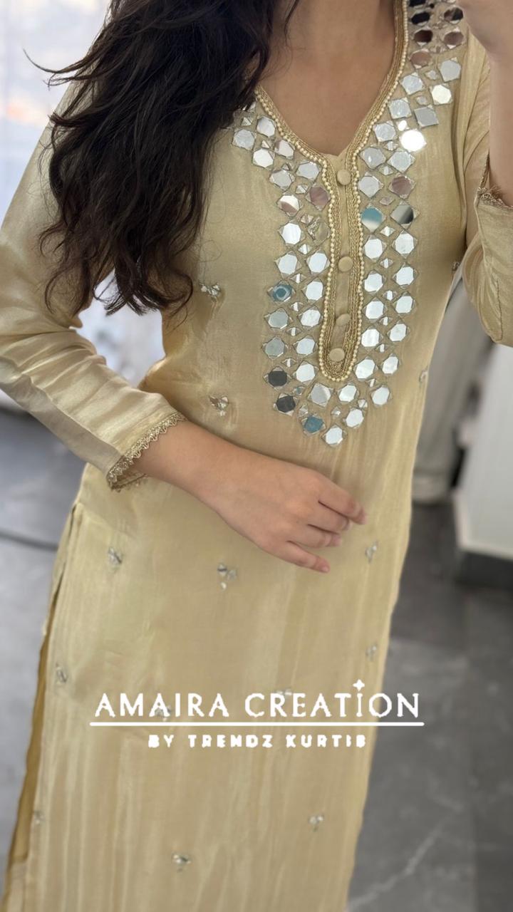Premium Glass Tissue Original Mirror Work Cream Pant Set With Organza Dupatta