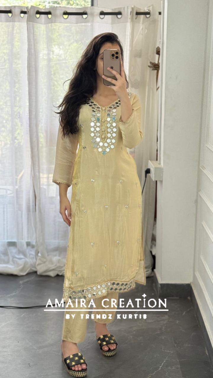 Premium Glass Tissue Original Mirror Work Cream Pant Set With Organza Dupatta