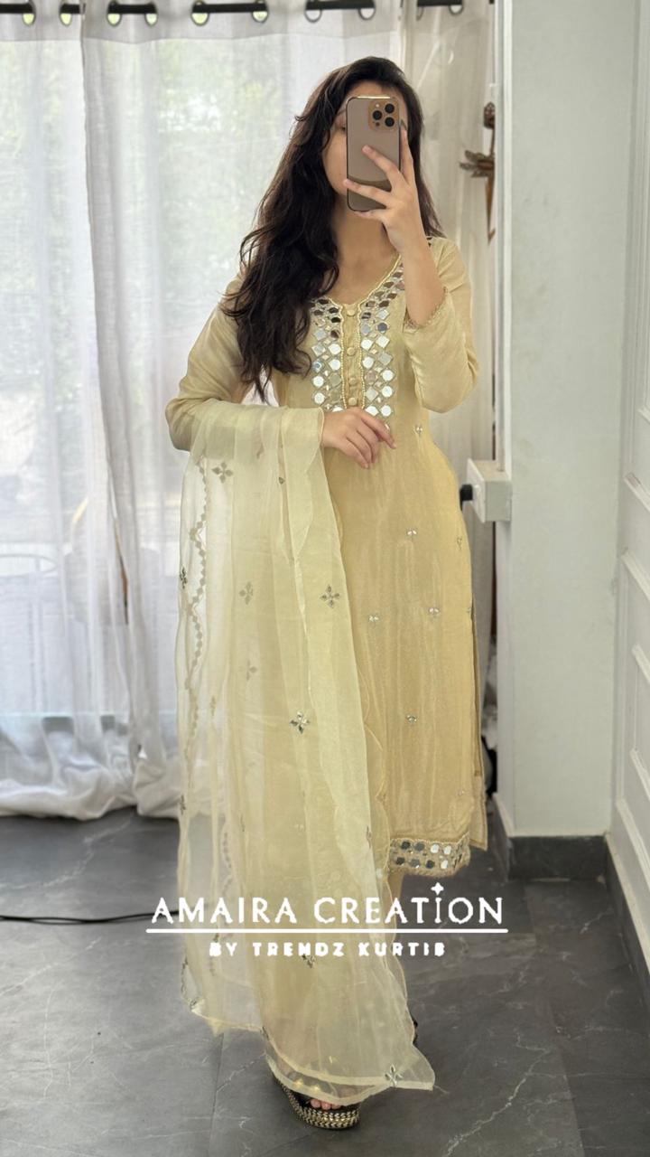 Premium Glass Tissue Original Mirror Work Cream Pant Set With Organza Dupatta