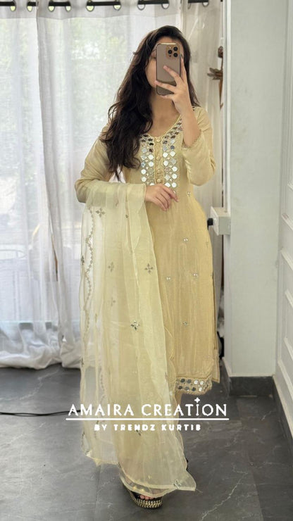 Premium Glass Tissue Original Mirror Work Cream Pant Set With Organza Dupatta