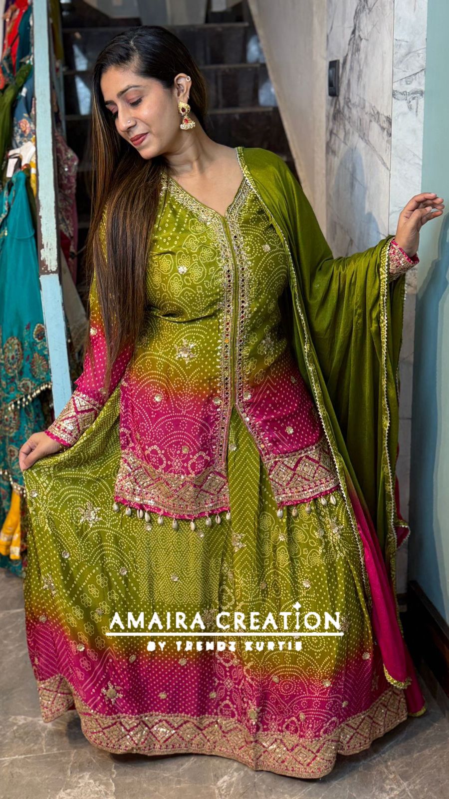 Premium Chinnon Mehendi Green Rani Ombre Skirt Set
