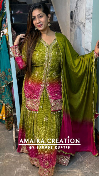 Premium Chinnon Mehendi Green Rani Ombre Skirt Set