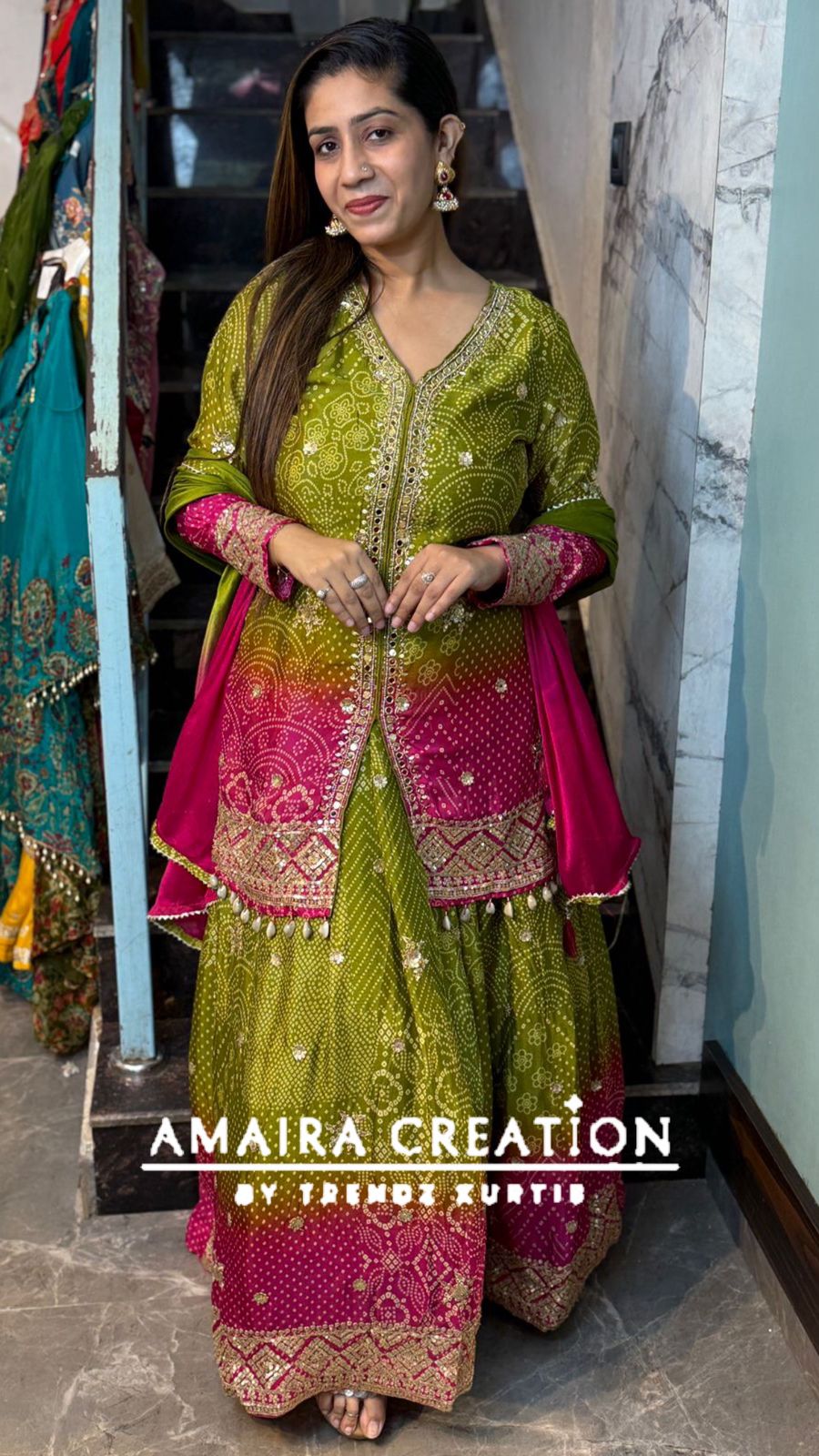 Premium Chinnon Mehendi Green Rani Ombre Skirt Set
