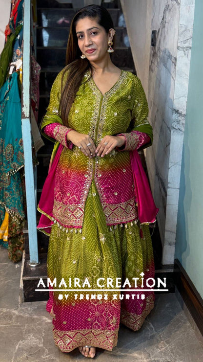 Premium Chinnon Mehendi Green Rani Ombre Skirt Set