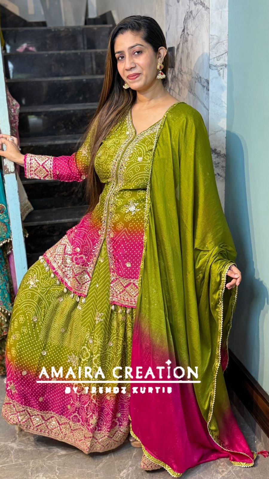 Premium Chinnon Mehendi Green Rani Ombre Skirt Set