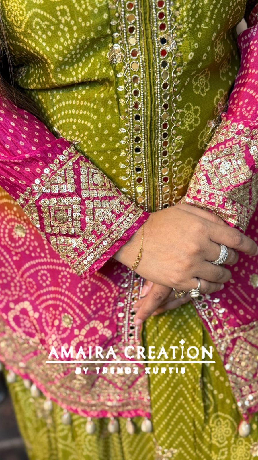 Premium Chinnon Mehendi Green Rani Ombre Skirt Set