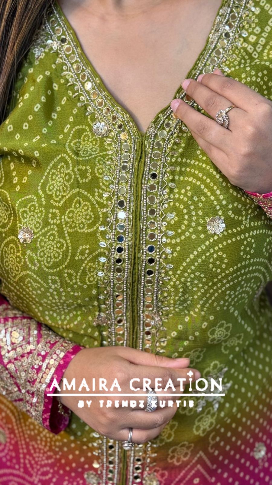 Premium Chinnon Mehendi Green Rani Ombre Skirt Set