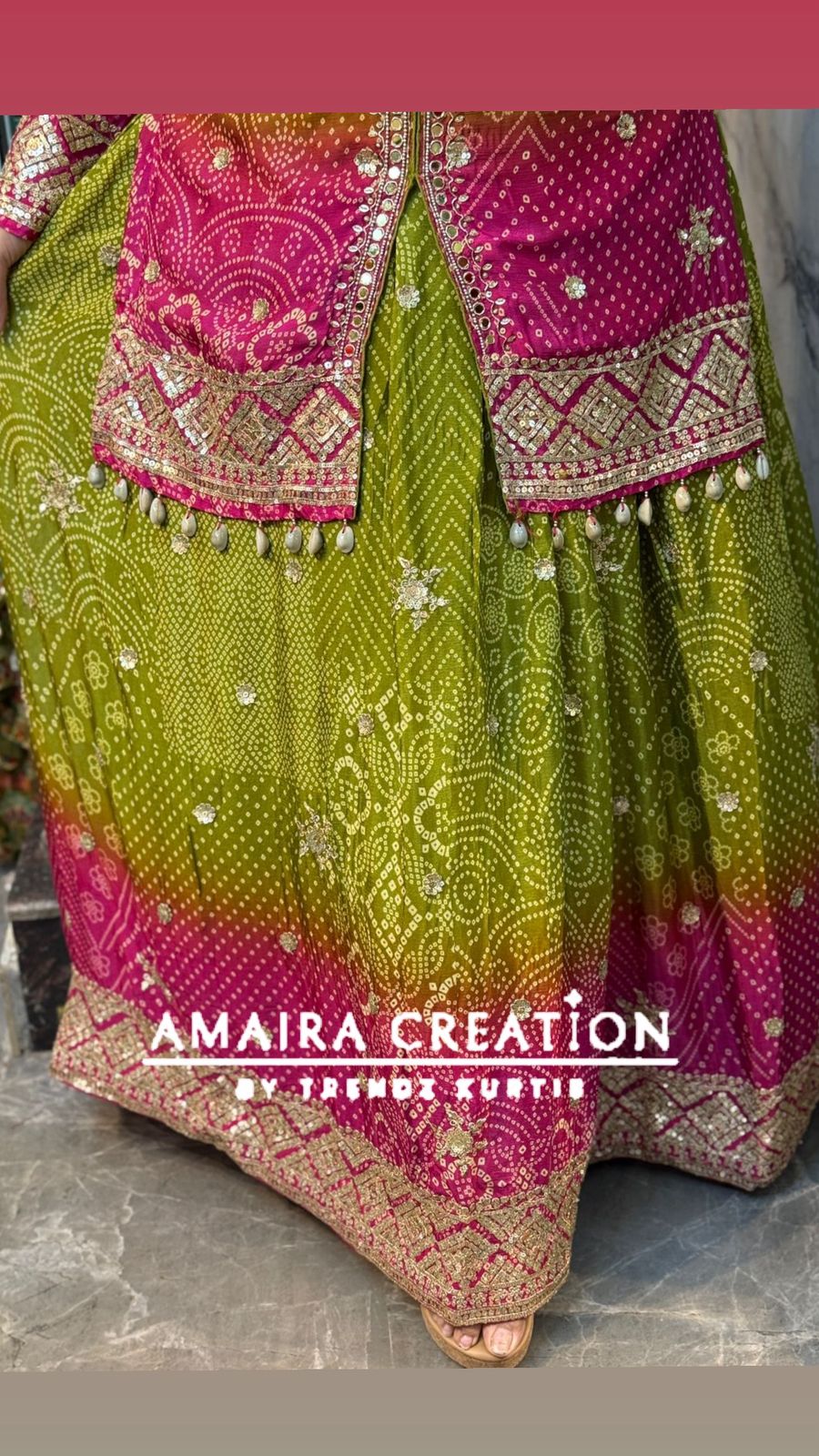 Premium Chinnon Mehendi Green Rani Ombre Skirt Set
