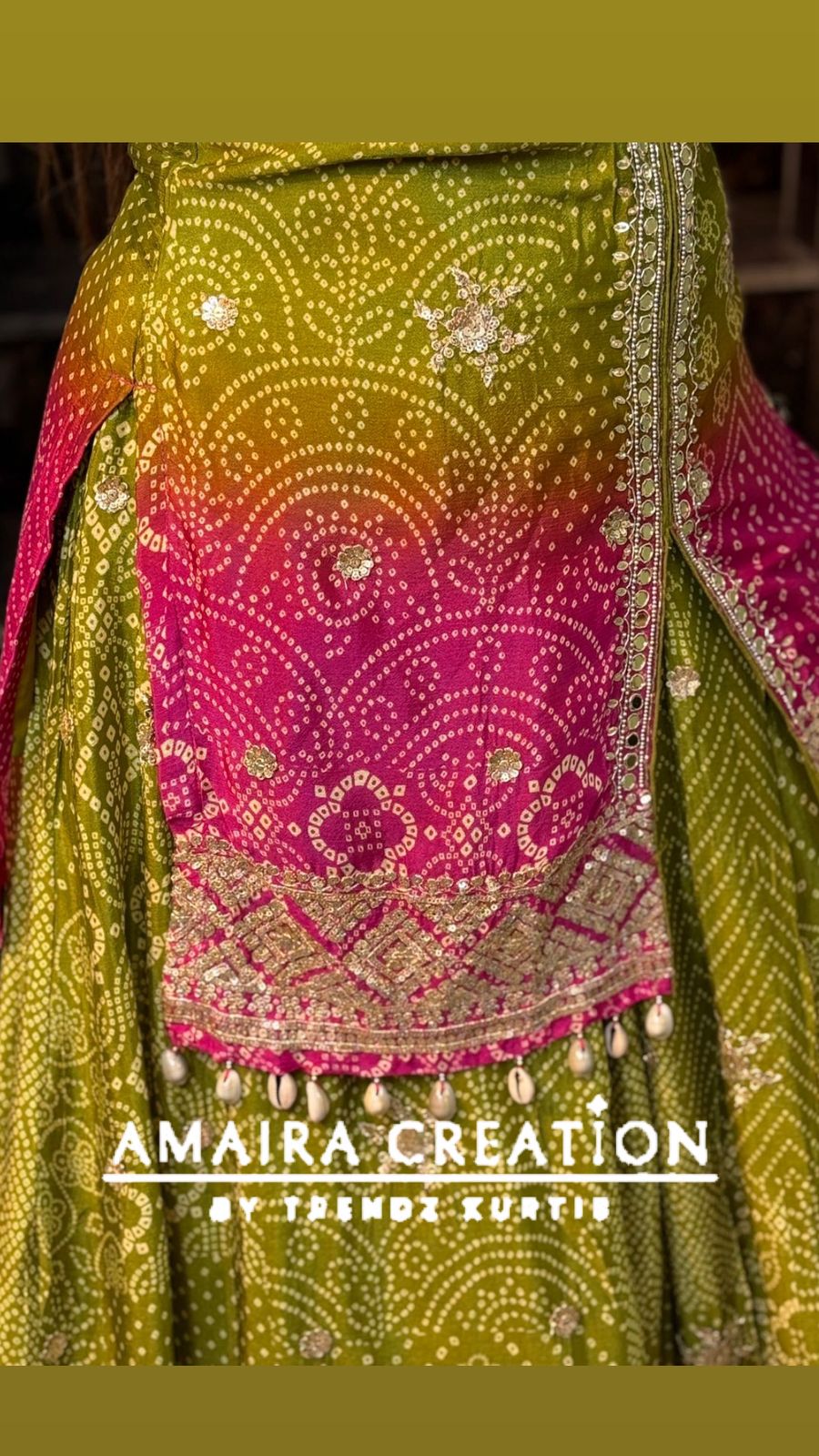 Premium Chinnon Mehendi Green Rani Ombre Skirt Set