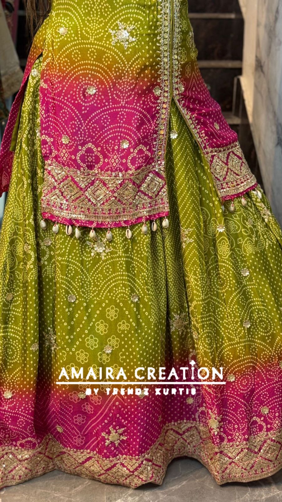 Premium Chinnon Mehendi Green Rani Ombre Skirt Set