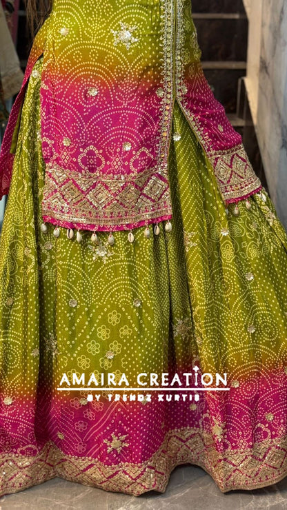 Premium Chinnon Mehendi Green Rani Ombre Skirt Set