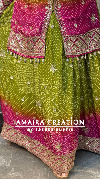 Premium Chinnon Mehendi Green Rani Ombre Skirt Set