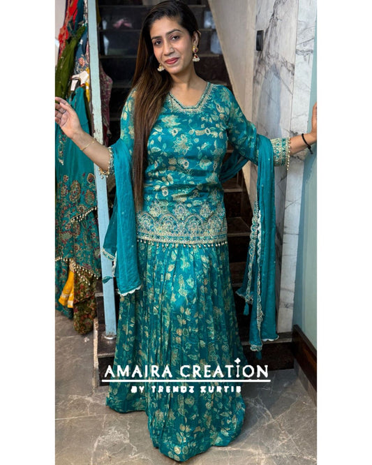 Premium Chinnon Firozi Skirt Set