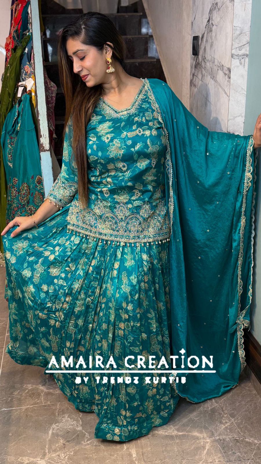 Premium Chinnon Firozi Skirt Set