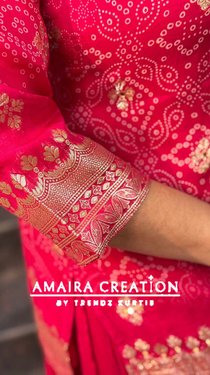 Premium Organza Rani Pink Bandhej Skirt Set