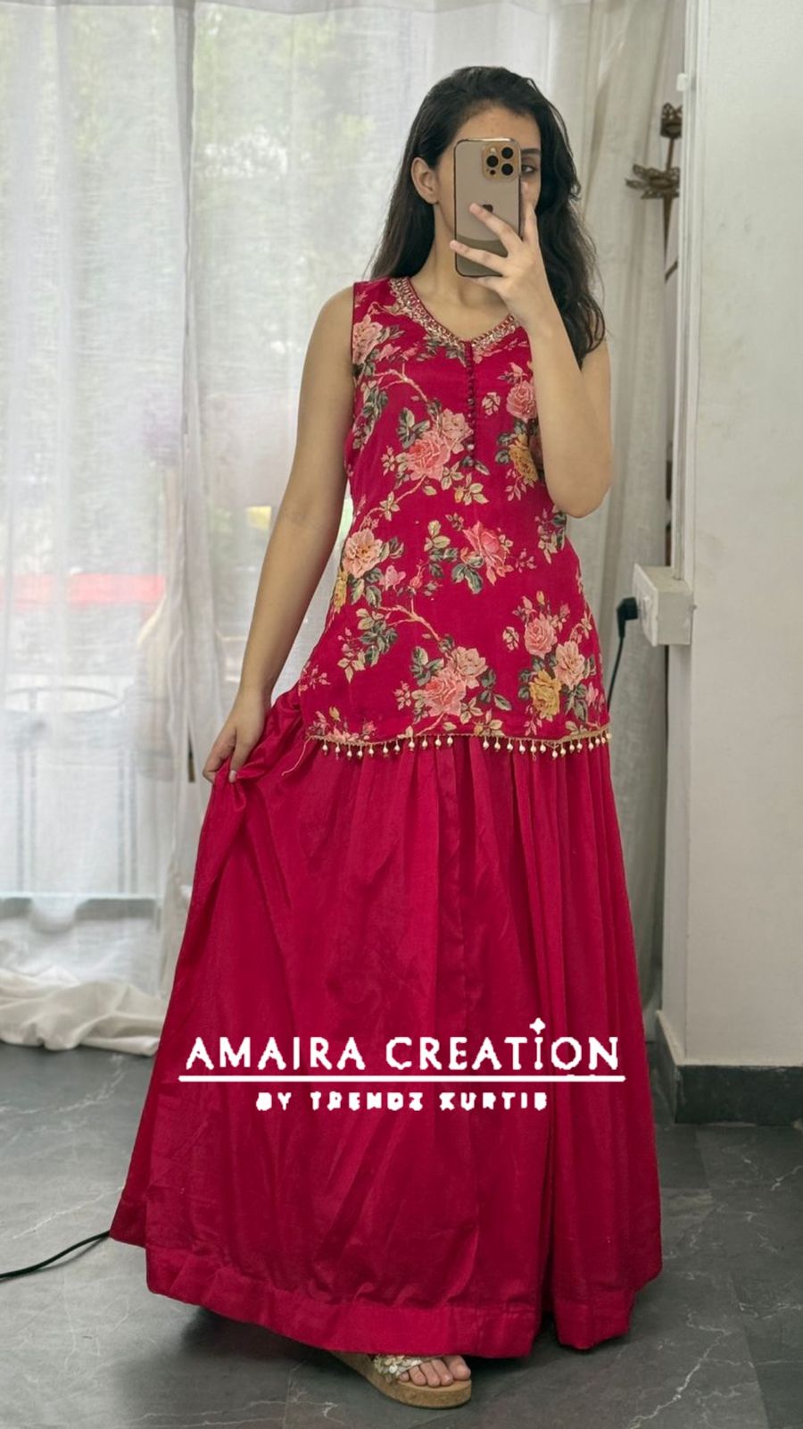 Premium Chinnon Rani Short Kurti Skirt Set(16 inches sleeves available)
