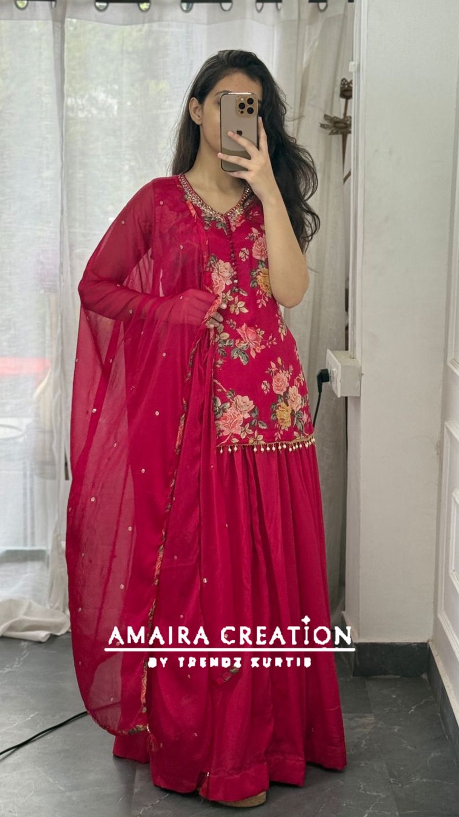 Premium Chinnon Rani Short Kurti Skirt Set(16 inches sleeves available)