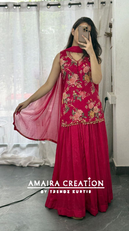 Premium Chinnon Rani Short Kurti Skirt Set(16 inches sleeves available)