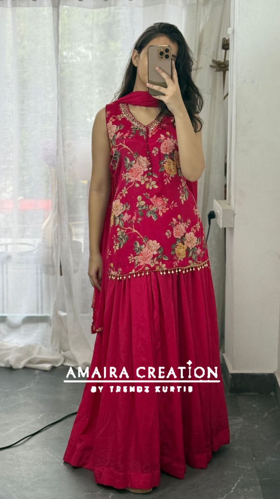 Premium Chinnon Rani Short Kurti Skirt Set(16 inches sleeves available)