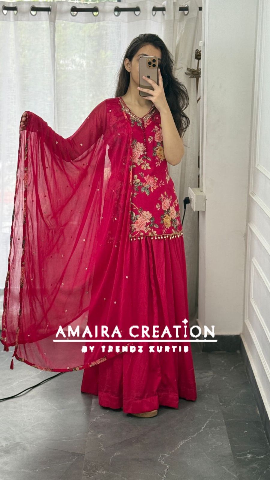 Premium Chinnon Rani Short Kurti Skirt Set(16 inches sleeves available)