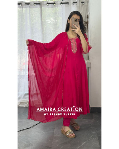 Premium Georgette  Magenta Centre Slit Pant Set With Beautiful  Hand Work