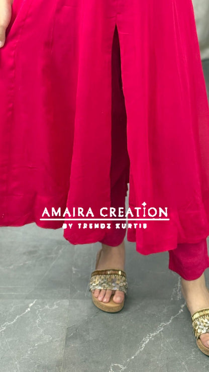 Premium Georgette  Magenta Centre Slit Pant Set With Beautiful  Hand Work