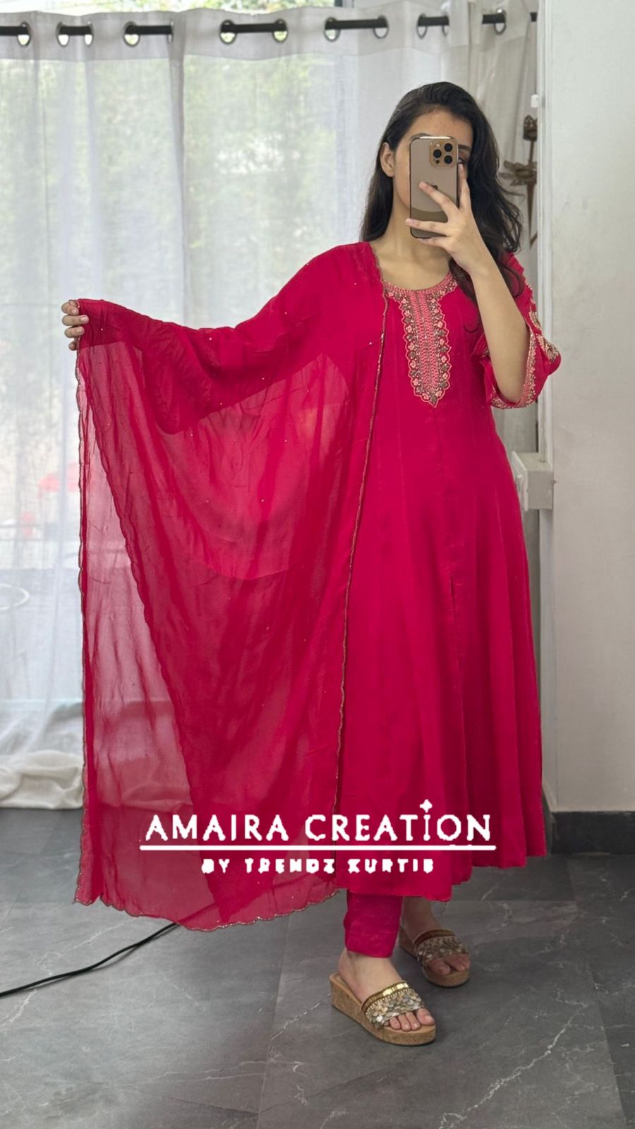 Premium Georgette  Magenta Centre Slit Pant Set With Beautiful  Hand Work