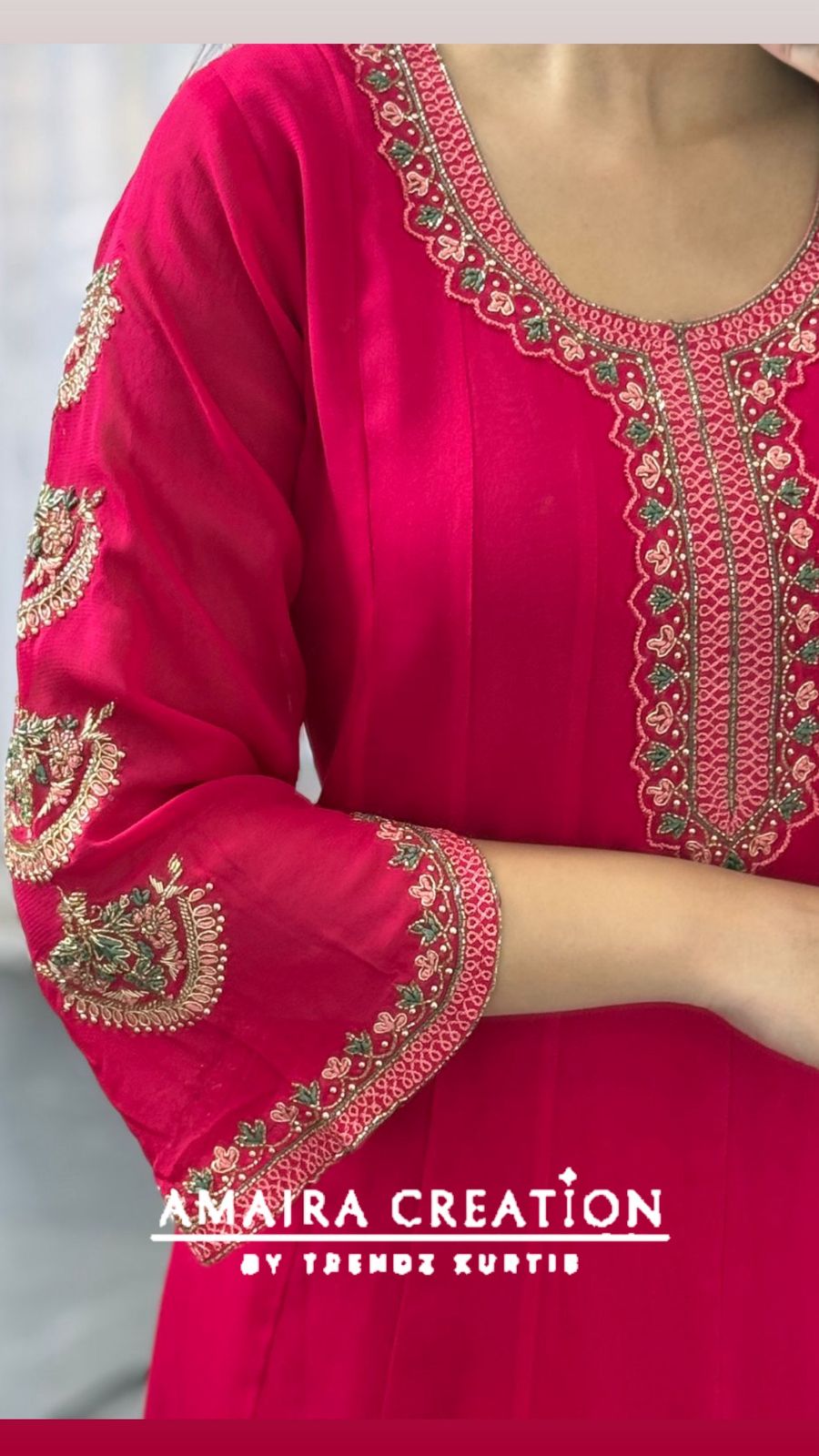 Premium Georgette  Magenta Centre Slit Pant Set With Beautiful  Hand Work