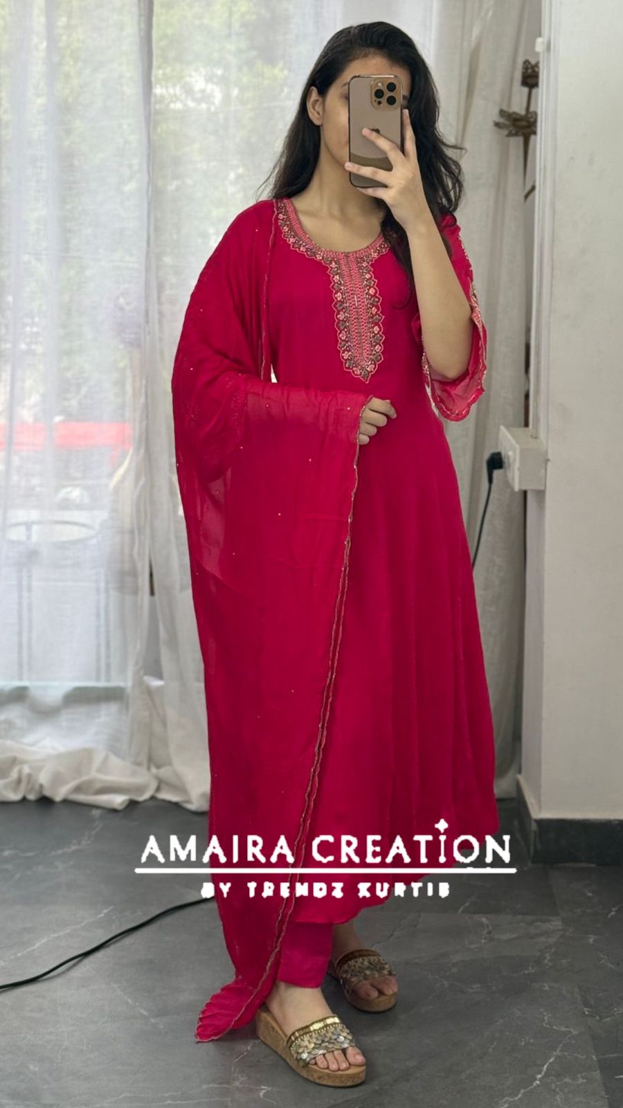 Premium Georgette  Magenta Centre Slit Pant Set With Beautiful  Hand Work