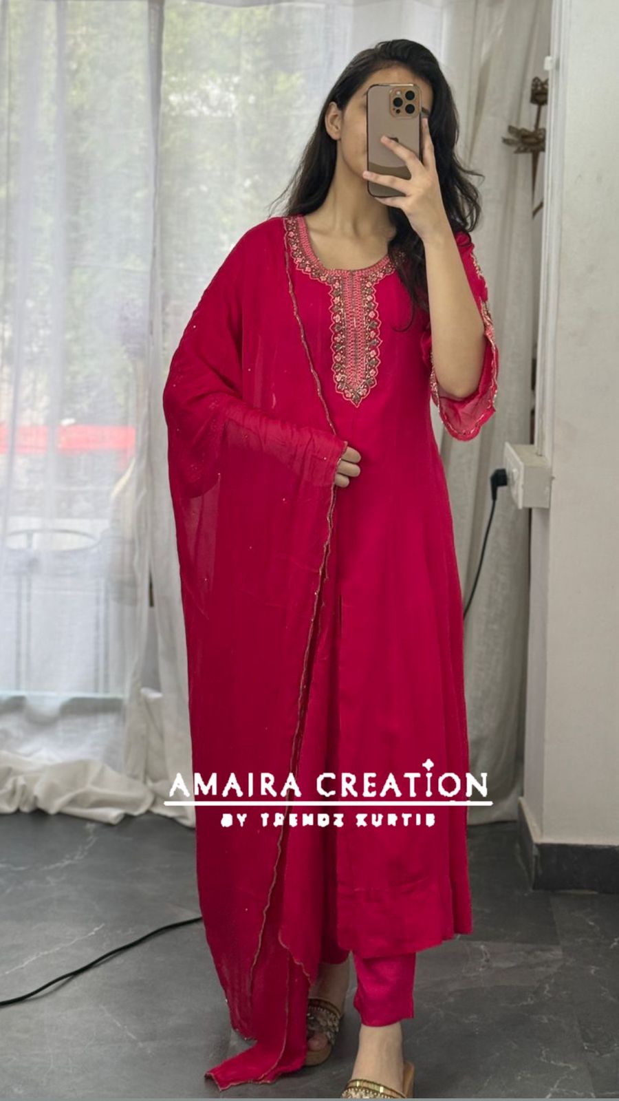 Premium Georgette  Magenta Centre Slit Pant Set With Beautiful  Hand Work