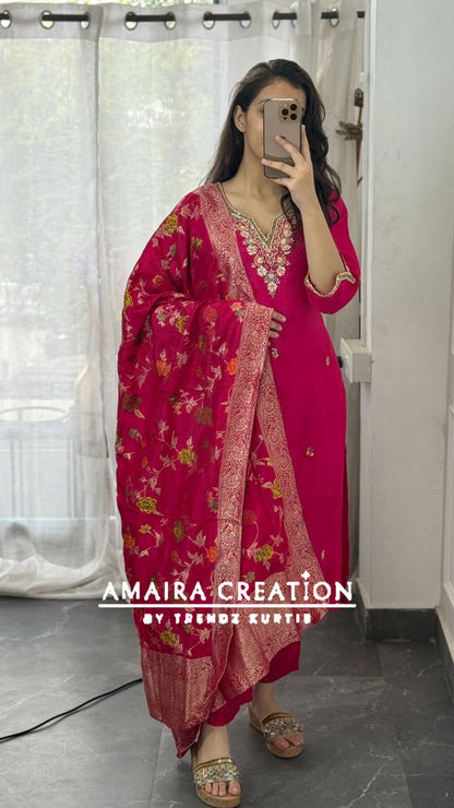 Premium Dola Silk Pant Set With Banarasi Dupatta
