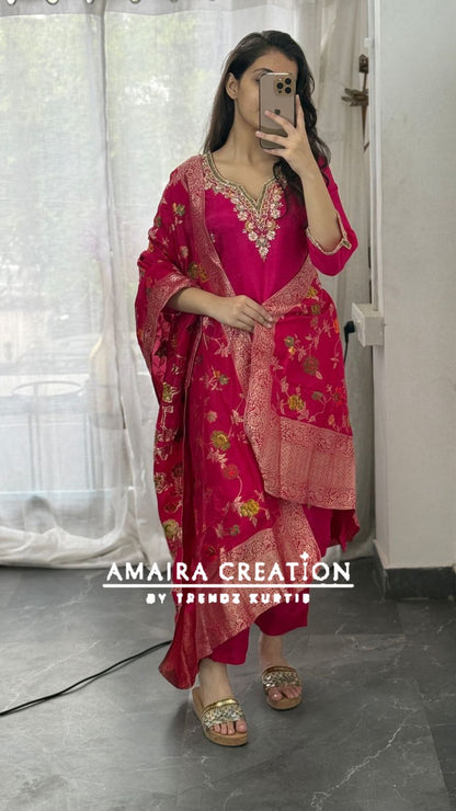 Premium Dola Silk Pant Set With Banarasi Dupatta