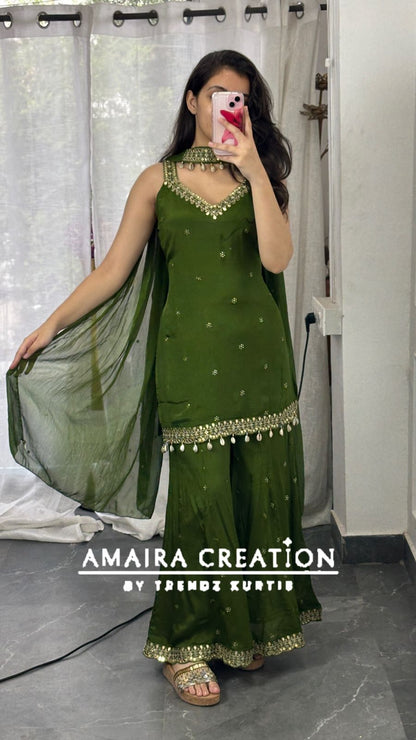 Premium Chinnon Mehendi Green Divider Set(16 inches sleeves available)