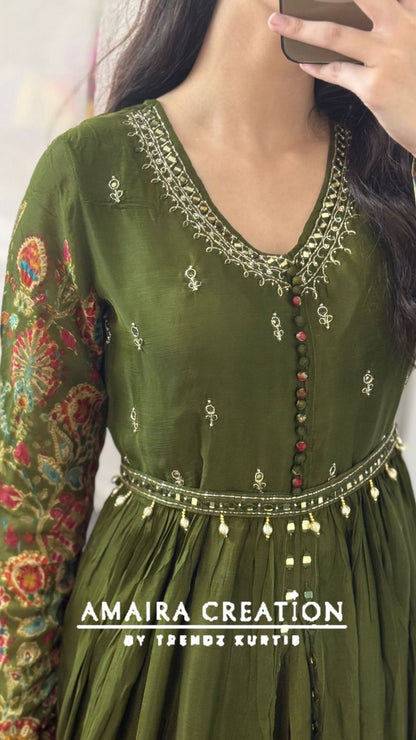 Premium Chinnon Mehendi Green Centre Slit Skirt Set