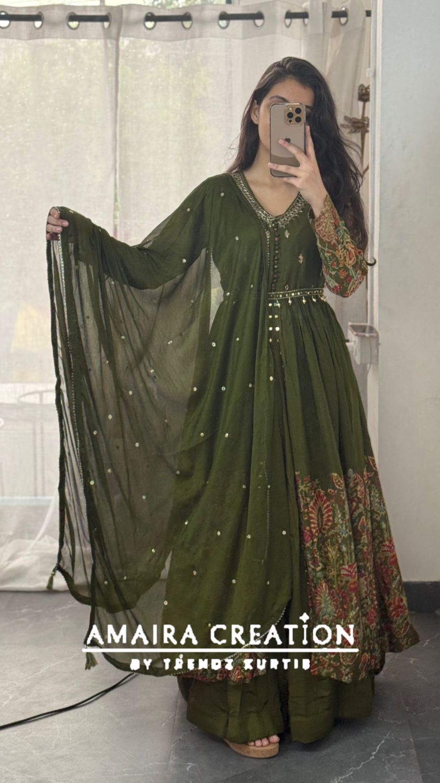 Premium Chinnon Mehendi Green Centre Slit Skirt Set