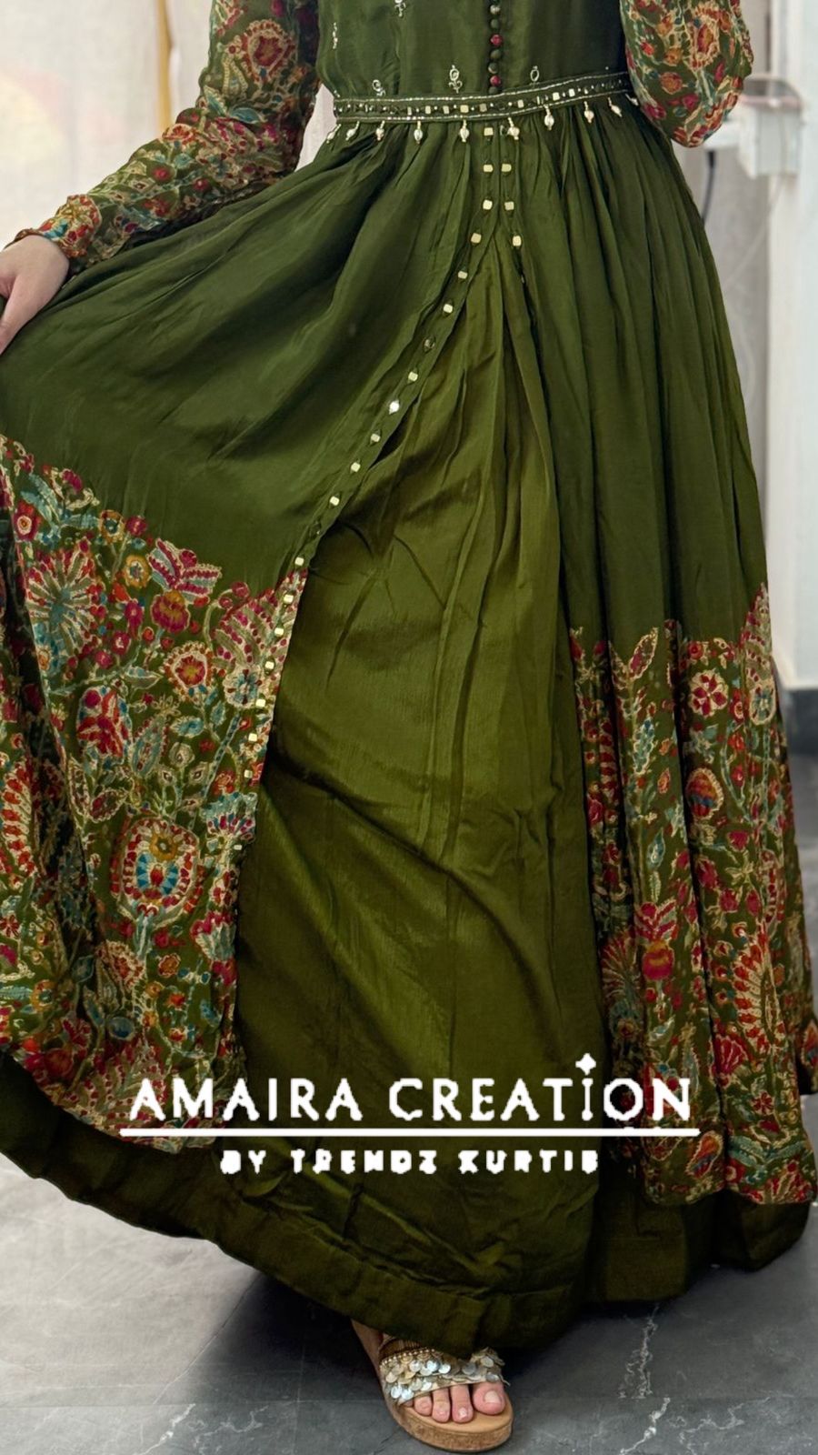 Premium Chinnon Mehendi Green Centre Slit Skirt Set