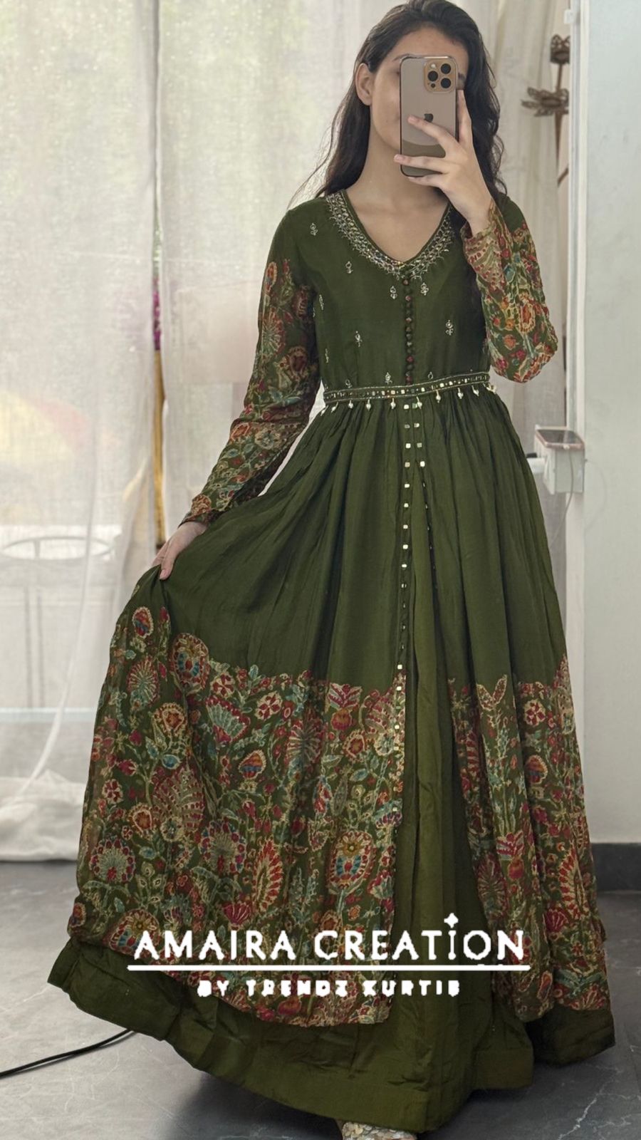 Premium Chinnon Mehendi Green Centre Slit Skirt Set