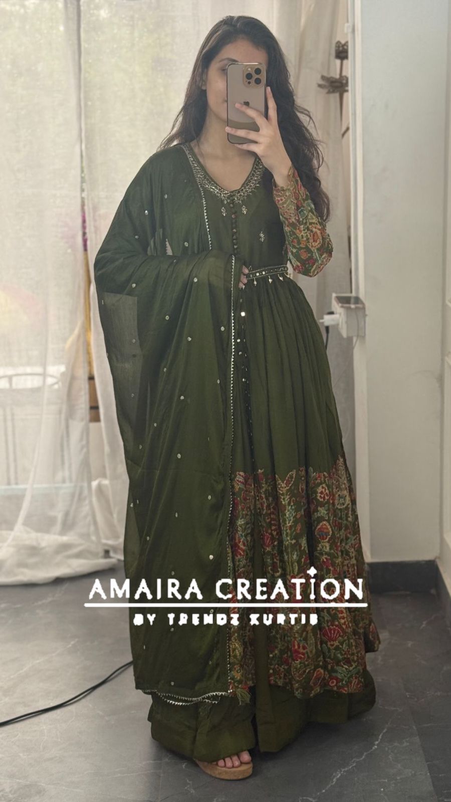 Premium Chinnon Mehendi Green Centre Slit Skirt Set