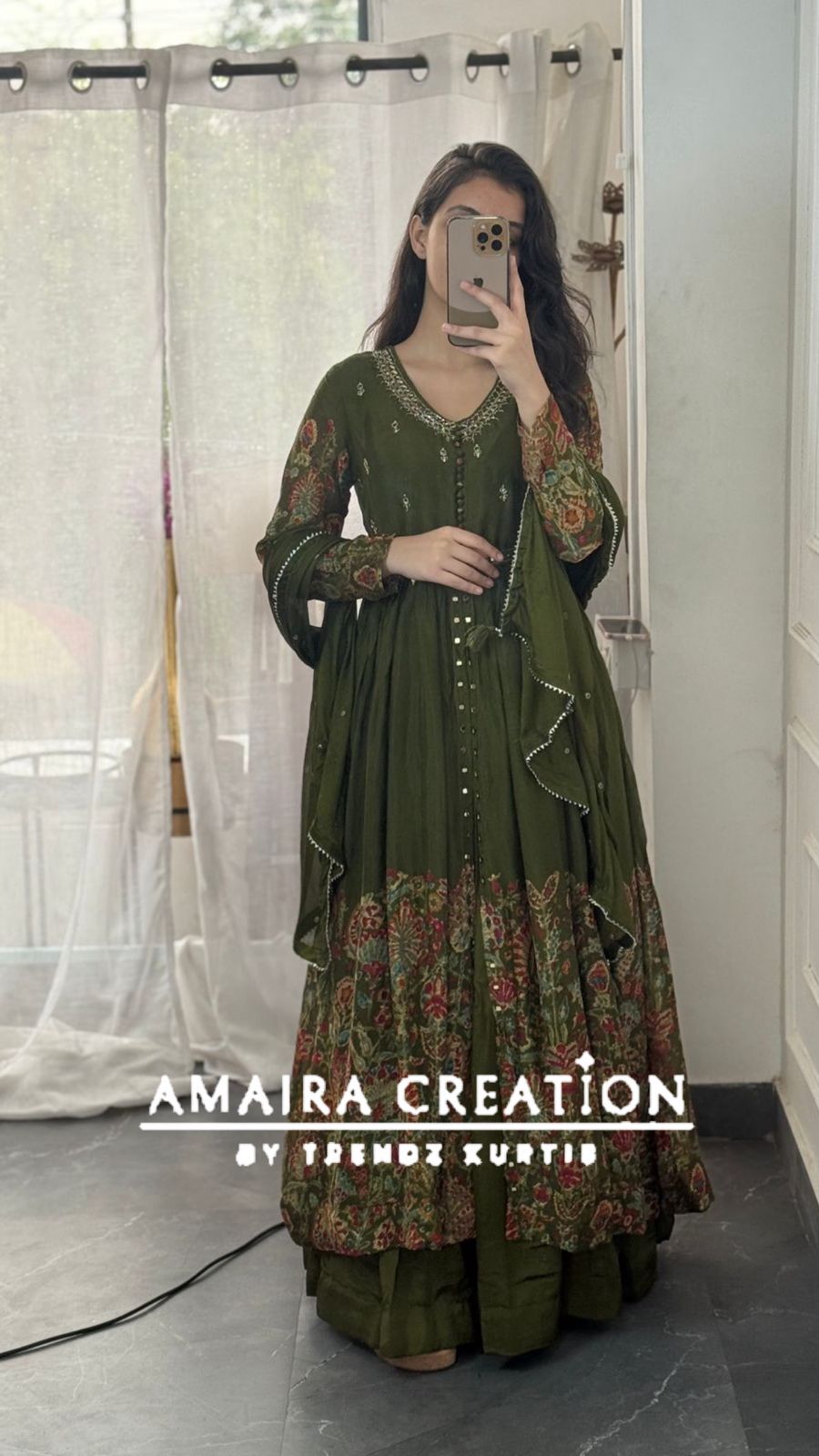 Premium Chinnon Mehendi Green Centre Slit Skirt Set