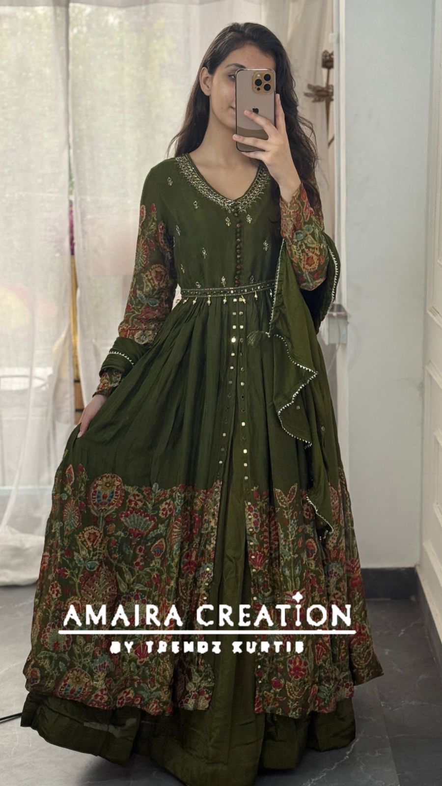 Premium Chinnon Mehendi Green Centre Slit Skirt Set