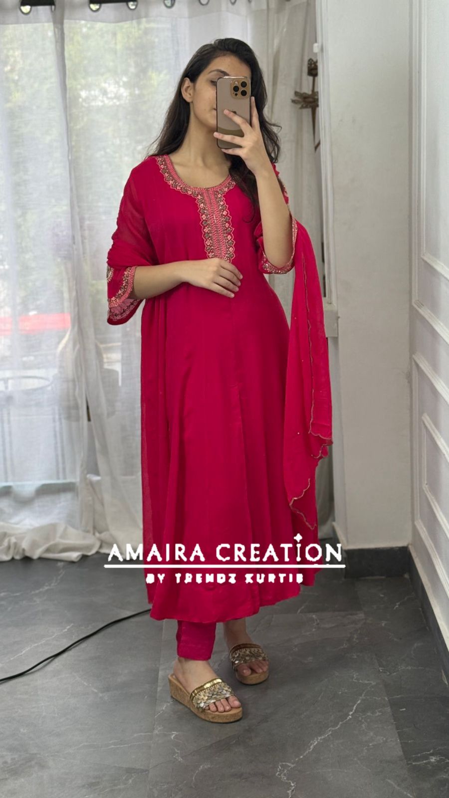 Premium Georgette  Magenta Centre Slit Pant Set With Beautiful  Hand Work