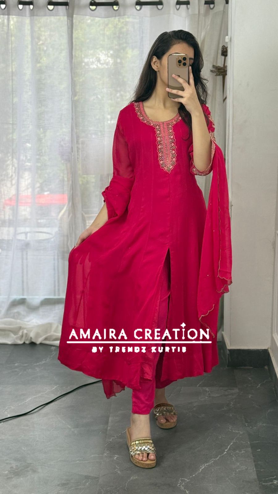 Premium Georgette  Magenta Centre Slit Pant Set With Beautiful  Hand Work